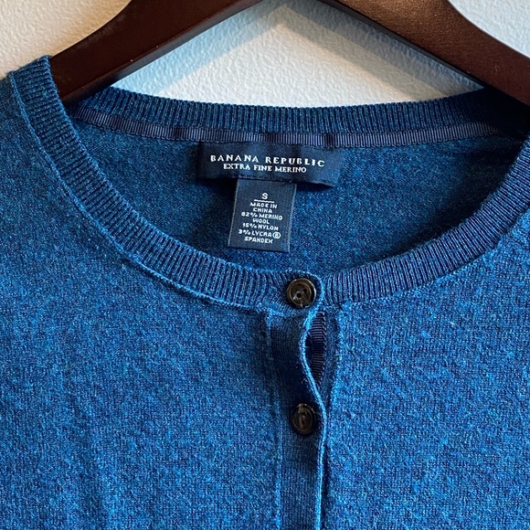 Banana Republic Merino Wool Blend Blue Teal Cardigan Sweater Two Front Pockets - Picture 3 of 6